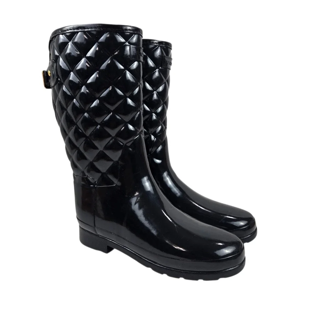 Hunter Refined Quilted Gloss Rain Boots, Adjustable Mid-Calf Black US 8, EU 39